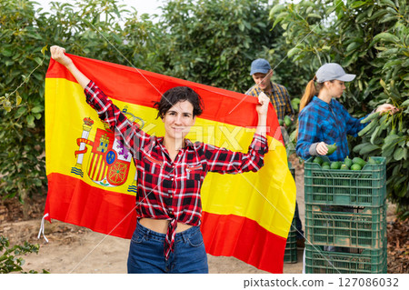 Happy young Latin female waving Spanish flag during avocado harvesting season on farm Happy young Latin female waving Spanish flag during avocado harvesting season on farm 127086032
