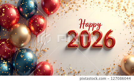 Festive 2026 new year celebration background with balloons and confetti 127086044