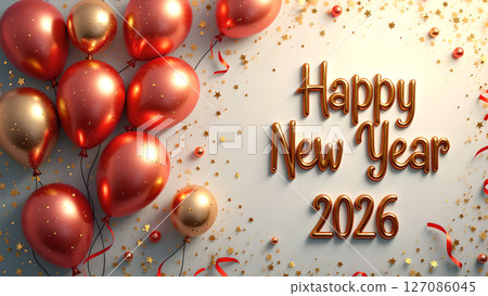 Festive Celebration of New Year 2026 with Balloons and Golden Confetti 127086045