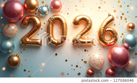 Festive 2026 New Year Celebration with Golden Number Balloons and Confetti Festive 2026 New Year Celebration with Golden Number Balloons and Confetti 127086046