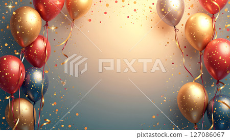 Celebratory golden and red balloons and shiny glitter for festive occasions 127086067