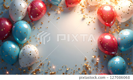 Celebratory frame of festive balloons and sparkling confetti for special occasions 127086068