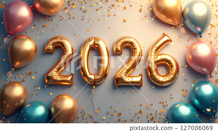 Festive golden 2026 balloon arrangement with confetti for a new year celebration Festive golden 2026 balloon arrangement with confetti for a new year celebration 127086069