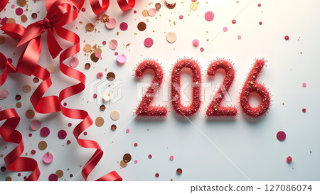 Festive 2026 Celebration Design with Red Ribbon and Confetti Details Festive 2026 Celebration Design with Red Ribbon and Confetti Details 127086074
