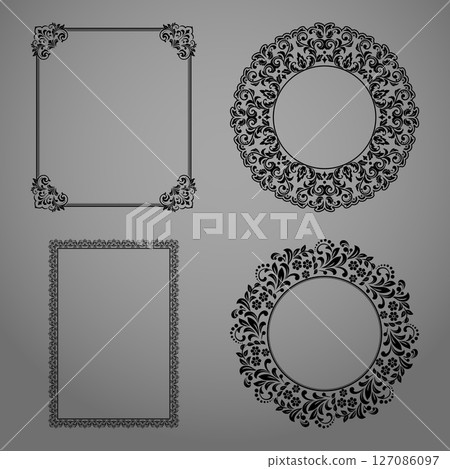 Set of decorative frames Elegant vector element for design in Eastern style, place for text. Floral black and gray borders. Lace illustration for invitations and greeting cards 127086097