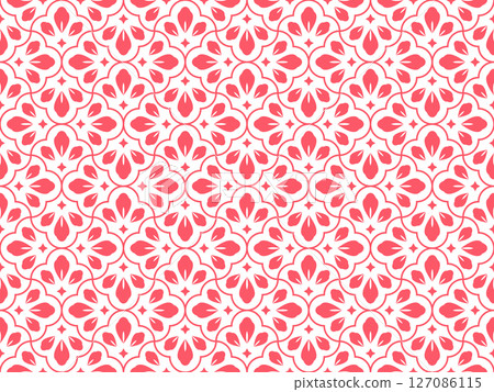 Flower geometric pattern. Seamless vector background. White and pink ornament. Ornament for fabric, wallpaper, packaging. Decorative print Flower geometric pattern. Seamless vector background. White and pink ornament. Ornament for fabric, wallpaper, packaging. Decorative print 127086115