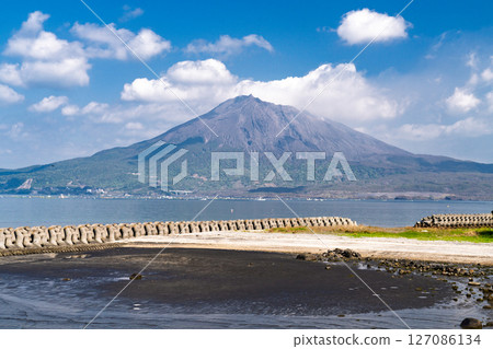 Kagoshima Prefecture: Coastline overlooking Sakurajima 127086134