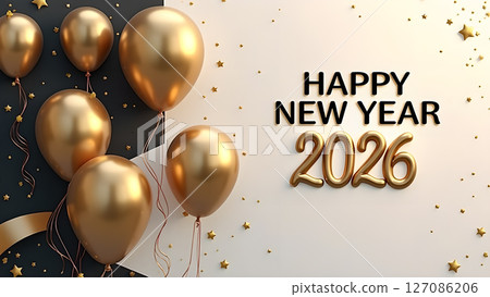 Elegant New Year 2026 Celebration Design with Golden Balloons and Festive Atmosphere 127086206