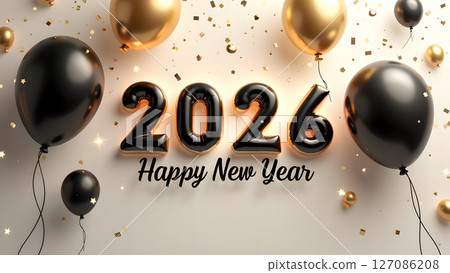 Elegant Happy New Year 2026 Celebration with Black and Gold Balloons 127086208