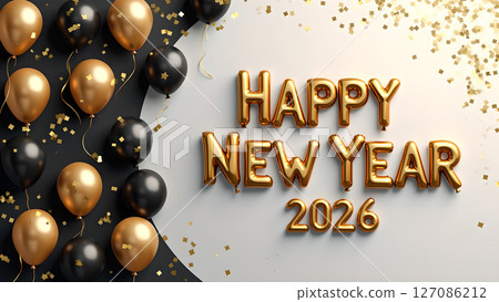 Elegant New Year 2026 Celebration with Balloons and Confetti Display 127086212