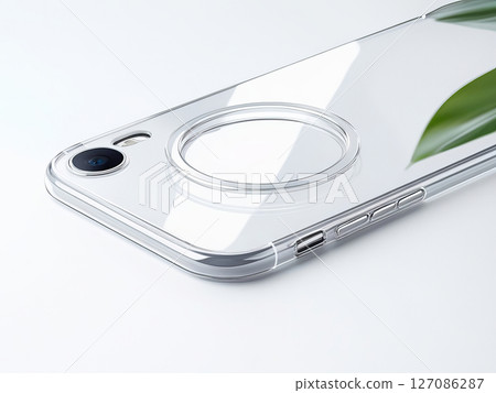 A close-up shot of a sleek, transparent smartphone case resting on a soft, subtle white surface. 127086287