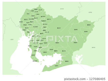 日本愛知縣主要城市地圖(含地名)(地圖上用線標示了城市、町、村、地區劃分) 日本愛知縣主要城市地圖(含地名)(地圖上用線標示了城市、町、村、地區劃分) 127086405