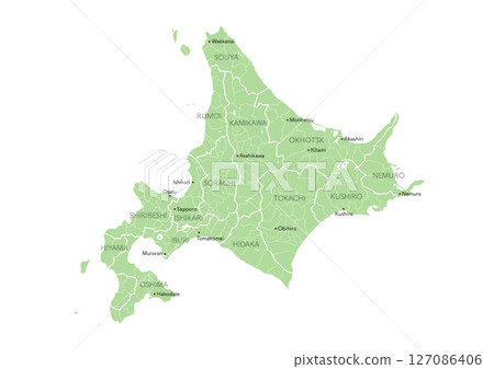 [英文] 日本北海道主要城市地圖（含地名）（地圖以線標示城市、町、村、地區劃分） 127086406