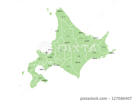 標示地名的地圖,例如日本北海道的主要城市(標有市町村和區域劃分的線條地圖) 標示地名的地圖,例如日本北海道的主要城市(標有市町村和區域劃分的線條地圖) 127086407