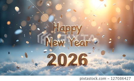 Golden Happy New Year 2026 Typography with Sparkling Confetti in Snow 127086427