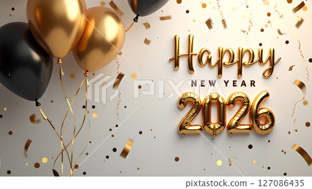 Festive celebration with 'Happy New Year 2026' inscription and gold balloons 127086435
