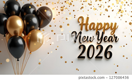 Festive 'Happy New Year 2026' celebration with gold and black balloons Festive 'Happy New Year 2026' celebration with gold and black balloons 127086436