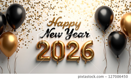 Elevated Happy New Year 2026 Illustration with Balloons and Confetti 127086450