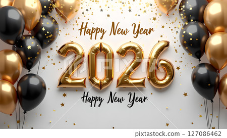 Elegant 2026 New Year Celebration with Gold Balloon Numbers and Confetti Elegant 2026 New Year Celebration with Gold Balloon Numbers and Confetti 127086462
