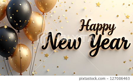 Festive greeting: Elegant golden and black balloons celebrate the new year Festive greeting: Elegant golden and black balloons celebrate the new year 127086463