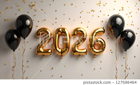 Spectacular golden number balloons forming 2026 with chic black balloon accents Spectacular golden number balloons forming 2026 with chic black balloon accents 127086464