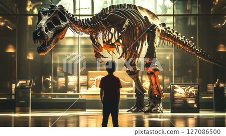 A kid boy stands in awe in front of a giant dinosaur skeleton at the museum. The concept focuses on curiosity, history, and the excitement of discovering the ancient past. Generative AI. A kid boy stands in awe in front of a giant dinosaur skeleton at the museum. The concept focuses on curiosity, history, and the excitement of discovering the ancient past. Generative AI. 127086500