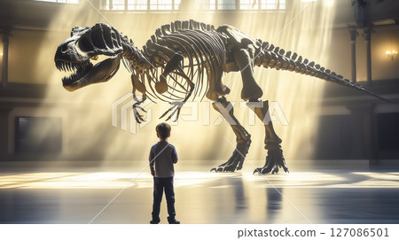A kid boy stands in awe in front of a giant dinosaur skeleton at the museum. The concept focuses on curiosity, history, and the excitement of discovering the ancient past. Generative AI. A kid boy stands in awe in front of a giant dinosaur skeleton at the museum. The concept focuses on curiosity, history, and the excitement of discovering the ancient past. Generative AI. 127086501