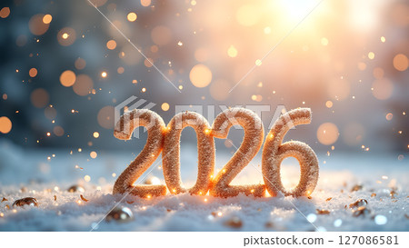 Radiant anticipation: Glimmering 2026 numerals bathed in luminous winter bokeh Radiant anticipation: Glimmering 2026 numerals bathed in luminous winter bokeh 127086581