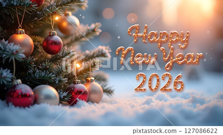 Festive happy new year 2026 celebration adornment with decorative balls 127086622