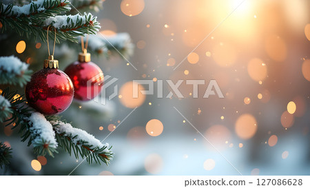 Festive holiday scene with red ornaments and a soft bokeh background Festive holiday scene with red ornaments and a soft bokeh background 127086628