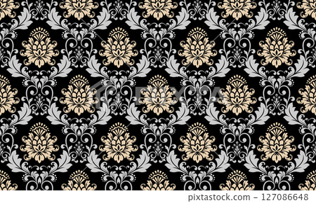 Wallpaper in the style of Baroque. Golden and black floral ornament. Seamless vector background. Graphic pattern for fabric, wallpaper, packaging. Ornate Damask flower illustration 127086648