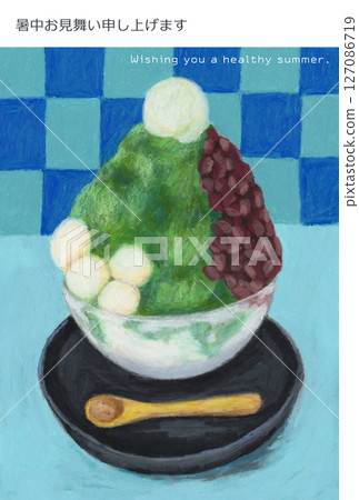 用油畫棒描繪了白玉丸子、紅豆和抹茶刨冰的夏季賀卡 127086719