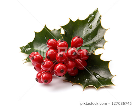 holly leaves with red berries on a white background. 127086745