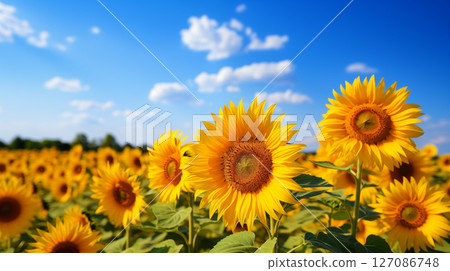 Sunflower field with cloudy blue sky 127086748