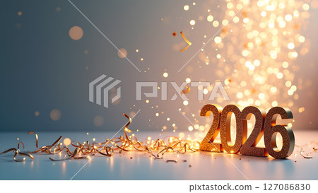 Radiant 2026 celebration backdrop with sparkling golden numbers and streamers 127086830