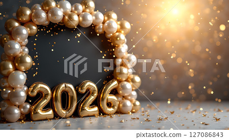 Elegant Celebration of 2026 with Golden Balloons and Sparkling Confetti Elegant Celebration of 2026 with Golden Balloons and Sparkling Confetti 127086843