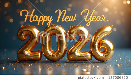 Festive Golden Balloons Displaying 'Happy New Year 2026' Celebration Message Festive Golden Balloons Displaying 'Happy New Year 2026' Celebration Message 127086850