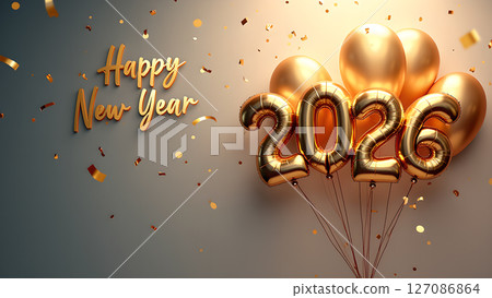 Golden celebration: Happy New Year 2026 with balloons and confetti elegance 127086864