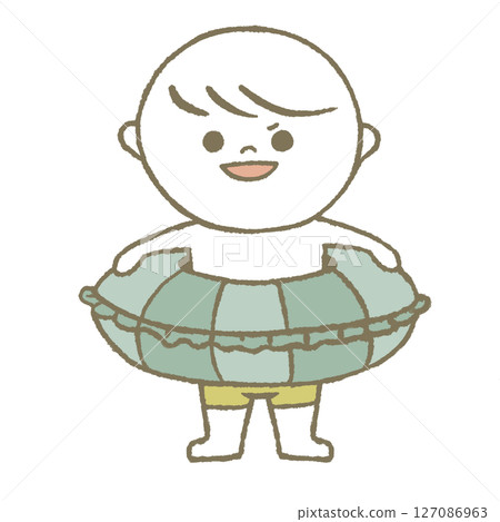 一個穿著泳衣的孩子拿著游泳圈,臉上帶著自豪的表情 一個穿著泳衣的孩子拿著游泳圈,臉上帶著自豪的表情 127086963