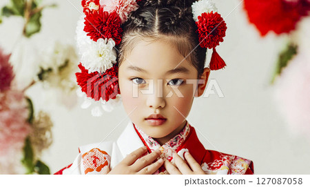 A smiling child in a formal outfit for the Shichi-Go-San festival 127087058