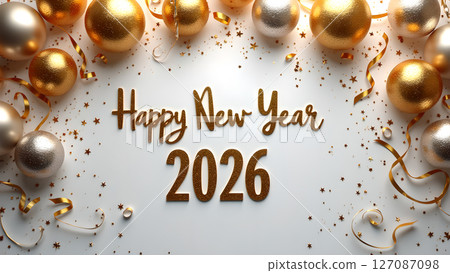 Golden Celebration: Happy New Year 2026 with Spheres and Sparkling Confetti Golden Celebration: Happy New Year 2026 with Spheres and Sparkling Confetti 127087098