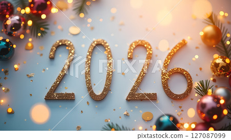 Golden 2026 shimmering with festive lights embodying new year celebration Golden 2026 shimmering with festive lights embodying new year celebration 127087099