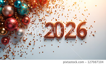 Festive 2026 new year celebration with shimmering decorations on a white surface Festive 2026 new year celebration with shimmering decorations on a white surface 127087104