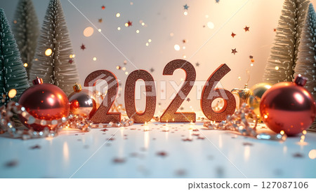 Glittering anticipation: Sparkling 2026 New Year Celebration with festive adornments Glittering anticipation: Sparkling 2026 New Year Celebration with festive adornments 127087106