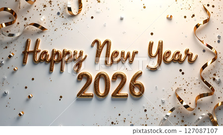 Elegant Happy New Year 2026 Celebration with Golden Confetti and Ribbons Elegant Happy New Year 2026 Celebration with Golden Confetti and Ribbons 127087107