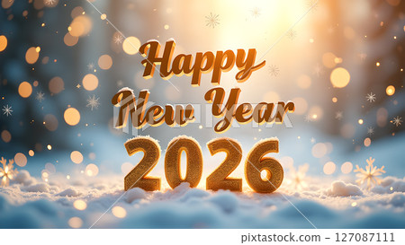 Enchanting Happy New Year 2026 celebration with snowy and glittering atmosphere Enchanting Happy New Year 2026 celebration with snowy and glittering atmosphere 127087111