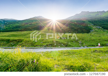 mountain landscape at sunrise in summer. outdoor adventure in bright weather. scenery with green valley of fagaras ridge in morning light. travel romania. carpathian remote place mountain landscape at sunrise in summer. outdoor adventure in bright weather. scenery with green valley of fagaras ridge in morning light. travel romania. carpathian remote place 127087190