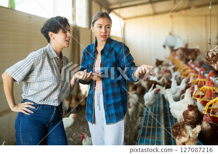 Two female farmers discussing problems in poultry farm 127087216