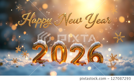 Sparkling 2026 new year celebration with golden accents in winter scene Sparkling 2026 new year celebration with golden accents in winter scene 127087293