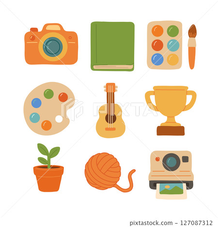 Vector illustration of hobby essentials camera, book, paint set, palette, guitar, trophy, plant, yarn, instant camera. Perfect for creative enthusiasts and artistic projects. 127087312